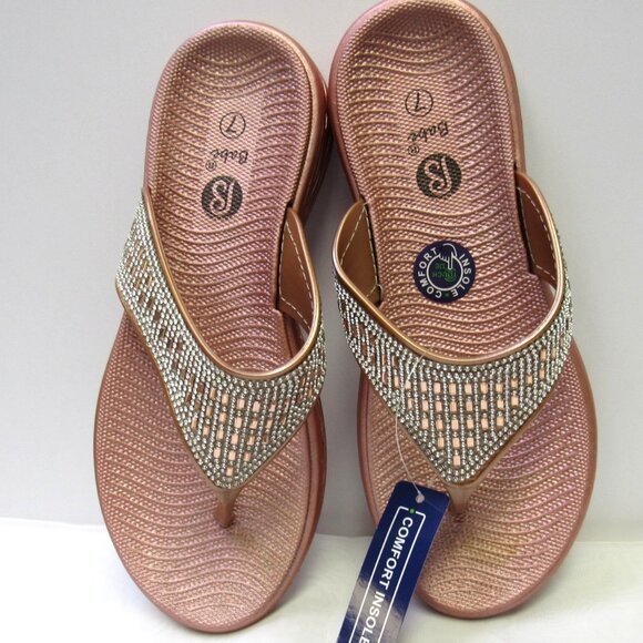 Rose Gold Sparkle Rhinestone Dressy Sandals Flip Flops Wedge Slides Various Size - Picture 6 of 6
